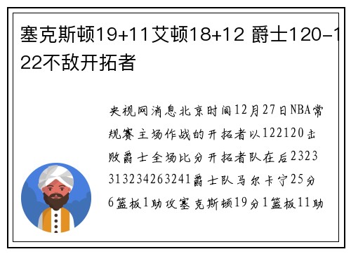 塞克斯顿19+11艾顿18+12 爵士120-122不敌开拓者
