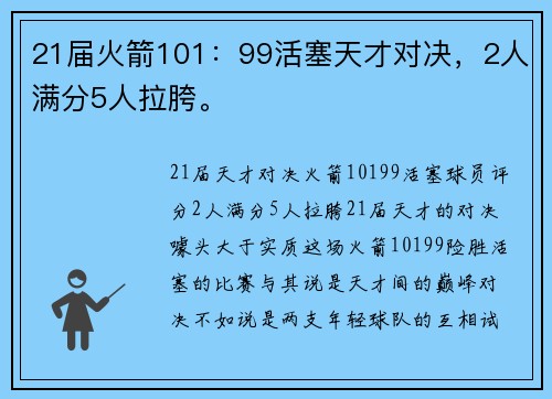 21届火箭101：99活塞天才对决，2人满分5人拉胯。