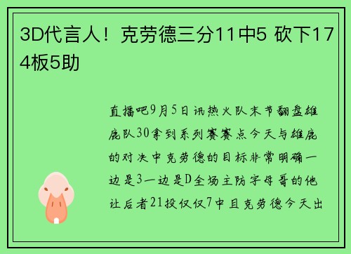 3D代言人！克劳德三分11中5 砍下174板5助