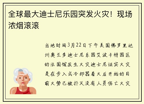 全球最大迪士尼乐园突发火灾！现场浓烟滚滚